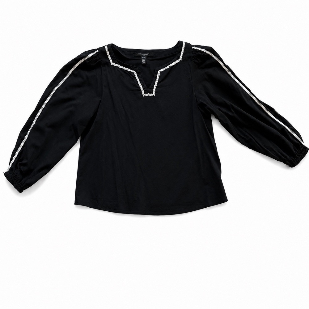 Banana Republic Petite XXS Black Embroidered Trim Peasant Blouse Puff Sleeve Top